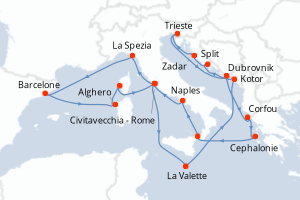 Carte de l'itinéraire de croisière Civitavecchia - Rome-Civitavecchia - Rome d'une durée de 21 jours