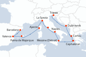 Carte de l'itinéraire de croisière Trieste-Barcelone d'une durée de 14 jours