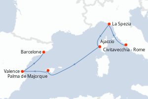 Carte itinéraire croisière Italie, France, Espagne - 7 jours au départ de Civitavecchia - Rome - Méditerranée