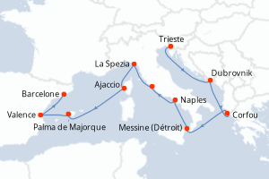 Carte de l'itinéraire de croisière Trieste-Barcelone d'une durée de 14 jours
