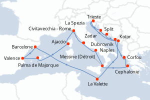 Carte de l'itinéraire de croisière Civitavecchia - Rome-Civitavecchia - Rome d'une durée de 21 jours