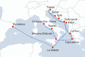 Carte de l'itinéraire de croisière Barcelone-Civitavecchia - Rome d'une durée de 14 jours