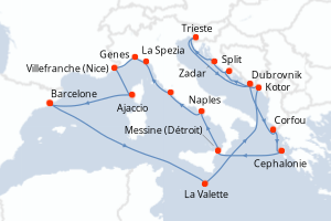 Carte de l'itinéraire de croisière Barcelone-Barcelone d'une durée de 21 jours
