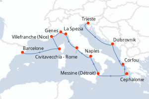 Carte de l'itinéraire de croisière Trieste-Barcelone d'une durée de 14 jours