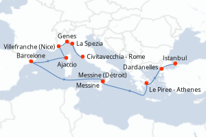 Carte de l'itinéraire de croisière Civitavecchia - Rome-Istanbul d'une durée de 14 jours