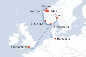 Carte de l'itinéraire de croisière Hambourg-Southampton d'une durée de 10 jours
