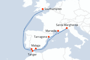 Carte de l'itinéraire de croisière Southampton-Southampton d'une durée de 14 jours