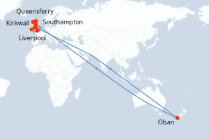Carte de l'itinéraire de croisière Southampton-Southampton d'une durée de 14 jours