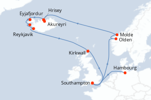 Carte de l'itinéraire de croisière Hambourg-Southampton d'une durée de 18 jours