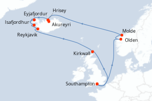 Carte de l'itinéraire de croisière Southampton-Southampton d'une durée de 16 jours