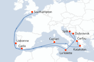 Carte de l'itinéraire de croisière Southampton-Southampton d'une durée de 19 jours