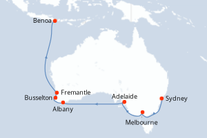 Carte de l'itinéraire de croisière Sydney-Benoa d'une durée de 15 jours