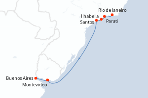 Carte de l'itinéraire de croisière Rio de Janeiro-Buenos Aires d'une durée de 8 jours