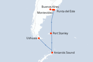 Carte de l'itinéraire de croisière Buenos Aires-Ushuaia d'une durée de 12 jours