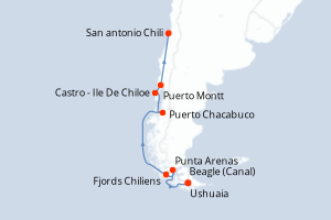 Carte de l'itinéraire de croisière Ushuaia-San antonio Chili d'une durée de 10 jours