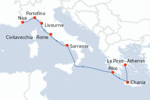Carte de l'itinéraire de croisière Le Piree - Athenes-Nice d'une durée de 8 jours