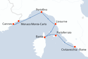 Carte de l'itinéraire de croisière Civitavecchia - Rome-Monaco Monte-Carlo d'une durée de 7 jours