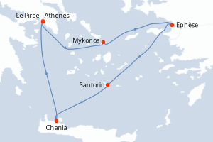 Carte de l'itinéraire de croisière Le Piree - Athenes-Le Piree - Athenes d'une durée de 5 jours