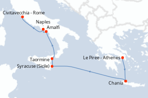 Carte de l'itinéraire de croisière Le Piree - Athenes-Civitavecchia - Rome d'une durée de 7 jours