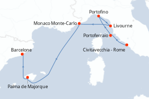 Carte de l'itinéraire de croisière Civitavecchia - Rome-Barcelone d'une durée de 7 jours