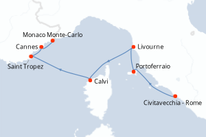 Carte de l'itinéraire de croisière Civitavecchia - Rome-Monaco Monte-Carlo d'une durée de 7 jours