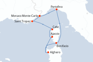 Carte de l'itinéraire de croisière Monaco Monte-Carlo-Monaco Monte-Carlo d'une durée de 7 jours