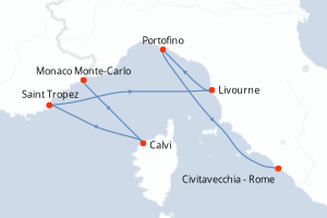 Carte de l'itinéraire de croisière Monaco Monte-Carlo-Civitavecchia - Rome d'une durée de 6 jours