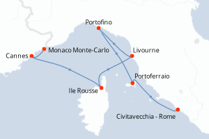 Carte de l'itinéraire de croisière Monaco Monte-Carlo-Civitavecchia - Rome d'une durée de 7 jours