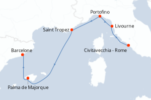 Carte de l'itinéraire de croisière Civitavecchia - Rome-Barcelone d'une durée de 7 jours