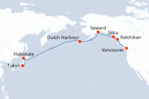 Carte de l'itinéraire de croisière Vancouver-Tokyo d'une durée de 18 jours
