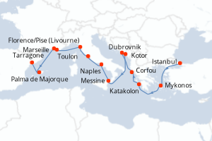 Carte de l'itinéraire de croisière Istanbul-Tarragone d'une durée de 14 jours