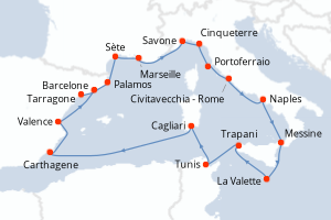 Carte de l'itinéraire de croisière Tarragone-Barcelone d'une durée de 17 jours