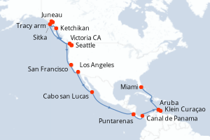 Carte de l'itinéraire de croisière Seattle-Miami d'une durée de 28 jours