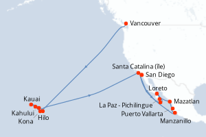 Carte de l'itinéraire de croisière Vancouver-San Diego d'une durée de 28 jours