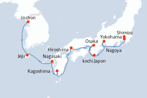 Carte de l'itinéraire de croisière Inchon-Yokohama d'une durée de 9 jours