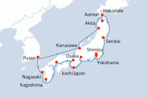 Carte itinéraire croisière Japon - 14 jours au départ de Yokohama - Asie