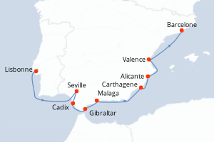 Carte de l'itinéraire de croisière Lisbonne-Barcelone d'une durée de 10 jours