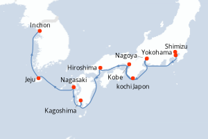Carte de l'itinéraire de croisière Yokohama-Inchon d'une durée de 9 jours
