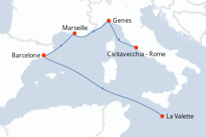 Carte de l'itinéraire de croisière La Valette-Civitavecchia - Rome d'une durée de 5 jours