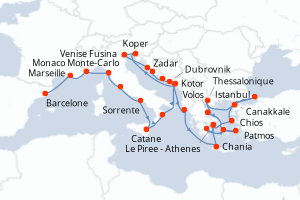 Carte de l'itinéraire de croisière Barcelone-Le Piree - Athenes d'une durée de 31 jours