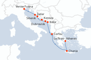 Carte de l'itinéraire de croisière Venise Fusina-Le Piree - Athenes d'une durée de 9 jours