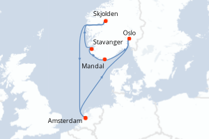 Carte de l'itinéraire de croisière Amsterdam-Amsterdam d'une durée de 7 jours