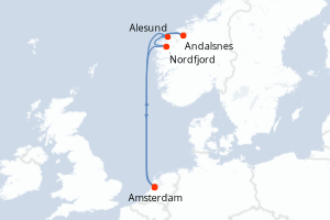 Carte itinéraire croisière Pays-Bas, Norvège - 7 jours au départ de Amsterdam - Europe du Nord