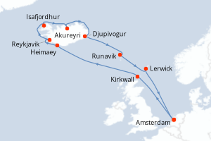 Carte de l'itinéraire de croisière Amsterdam-Amsterdam d'une durée de 14 jours