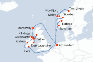 Carte de l'itinéraire de croisière Amsterdam-Amsterdam d'une durée de 21 jours