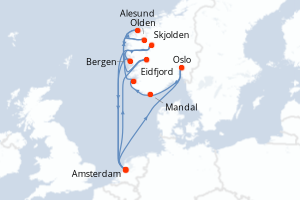 Carte itinéraire croisière Pays-Bas, Norvège - 14 jours au départ de Amsterdam - Europe du Nord