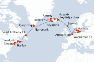 Carte de l'itinéraire de croisière Amsterdam-Boston d'une durée de 28 jours