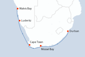 Carte de l'itinéraire de croisière Walvis Bay-Durban d'une durée de 10 jours
