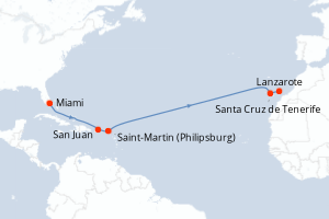 Carte de l'itinéraire de croisière Miami-Lanzarote d'une durée de 12 jours