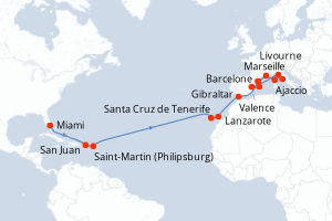 Carte de l'itinéraire de croisière Miami-Barcelone d'une durée de 24 jours